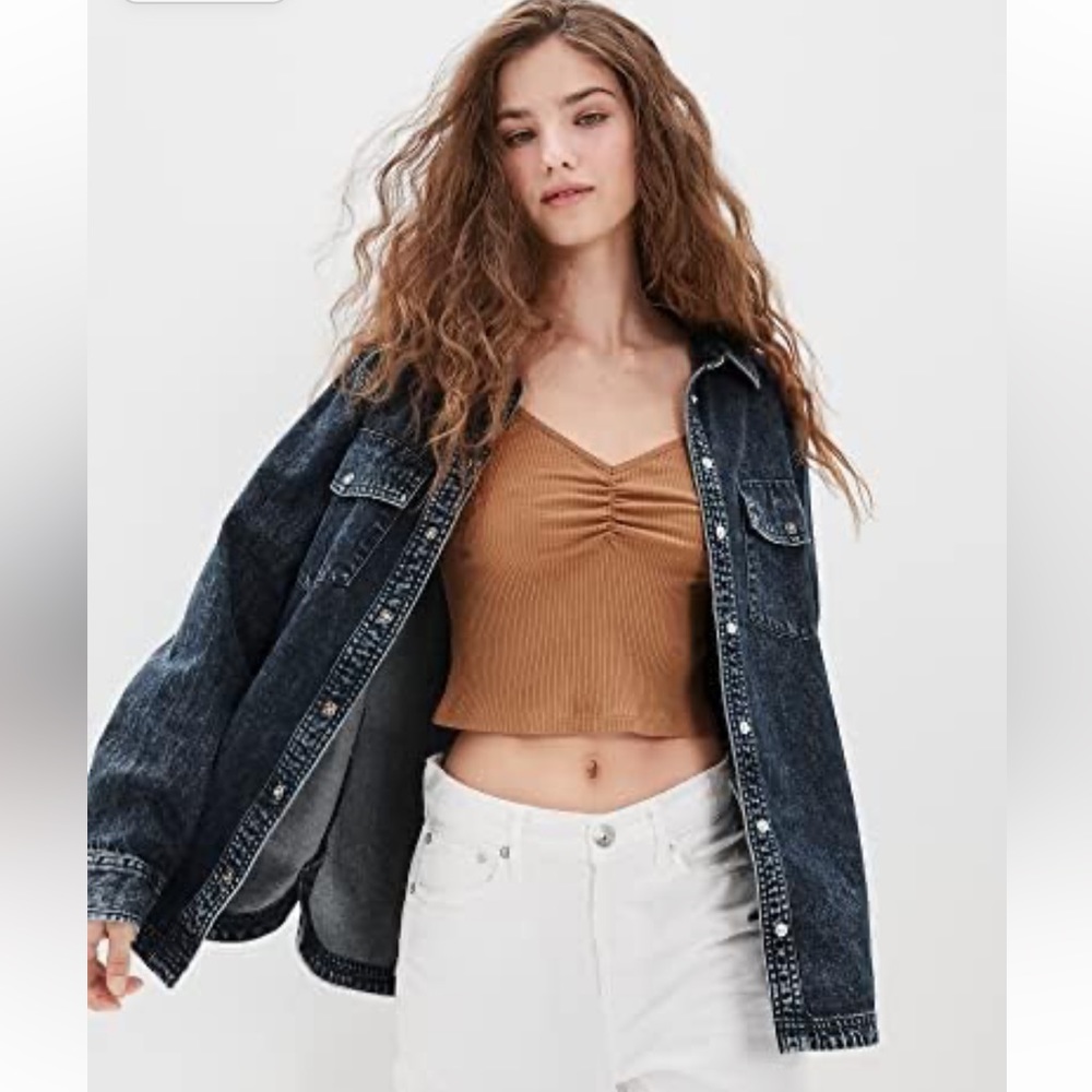 American Eagle Women Oversized Denim Button-Up Shirt